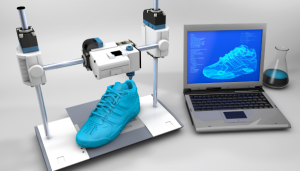 3d printer creating a blue shoe prototype