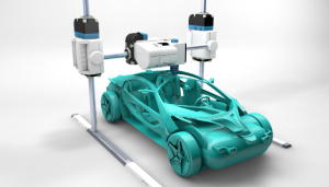 a futuristic 3d printer constructing a concept car prototype