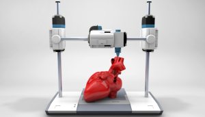 a futuristic 3d printer creating a human heart model