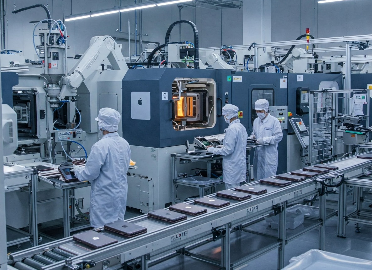 Apple factory utilizing precision injection molding for high-volume electronics manufacturing