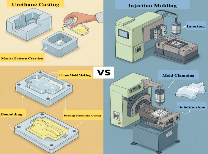 Step-by-step illustration of urethane casting vs injection molding processes.