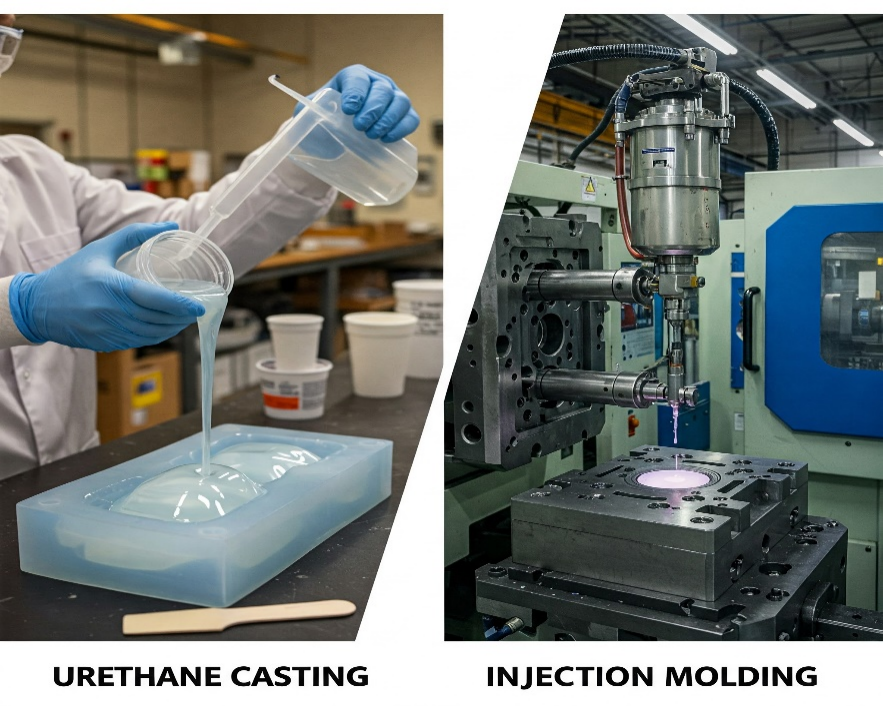 Urethane Casting vs Injection Molding: Visual representation of both manufacturing processes.